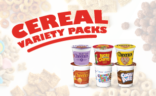 variety of cereal piece piles surrounding a pack of six cereal cups